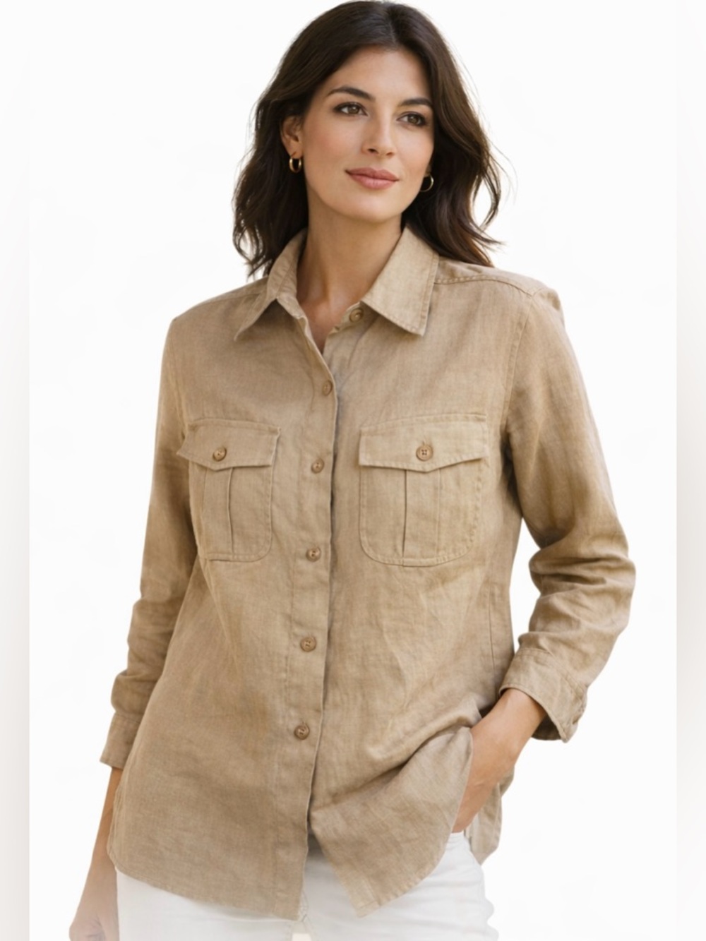 Lauren Ralph Lauren Linen Safari Shirt Beige Utility Button Up Size 8‎